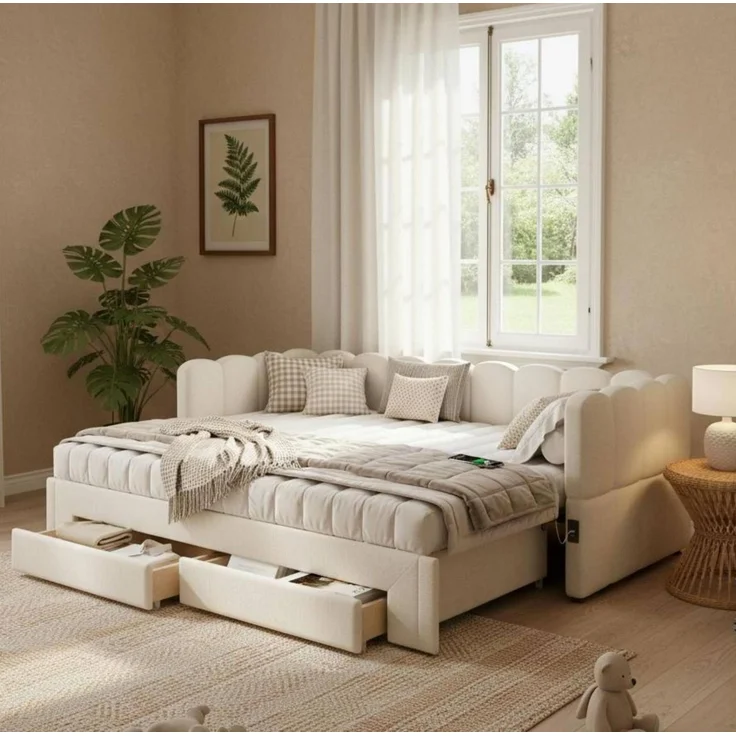CHICFURN Bett aus Leinen Beige 90/180x200 cm mit 2 Schubladen und USB- und Type-C-Anschlüssen – Bild 3