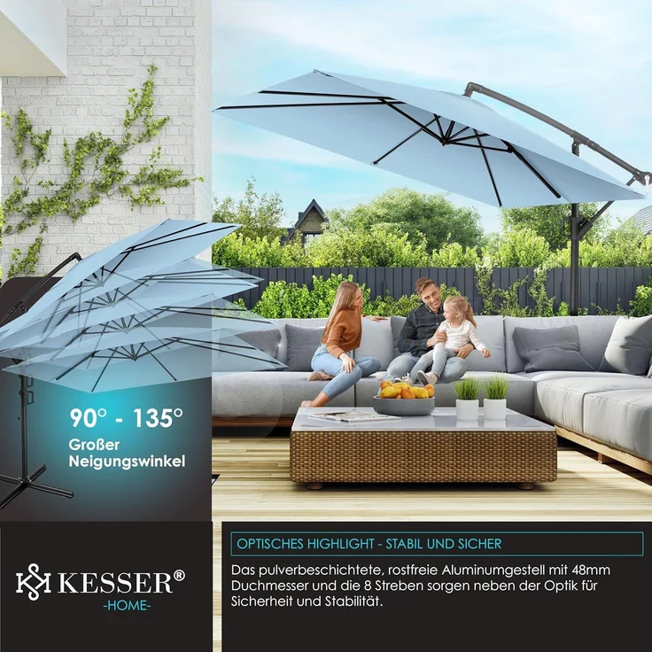 KESSER® Ampelschirm Holly Sonnenschirm Rechteckig ohne LED Solar inkl. Abdeckung + Windsicherung mit Kurbel | Kurbel-Schirm mit Ständer UV-Schutz Aluminium Wasserabweisend Ø350cm Gartenschirm Hellblau – Bild 3