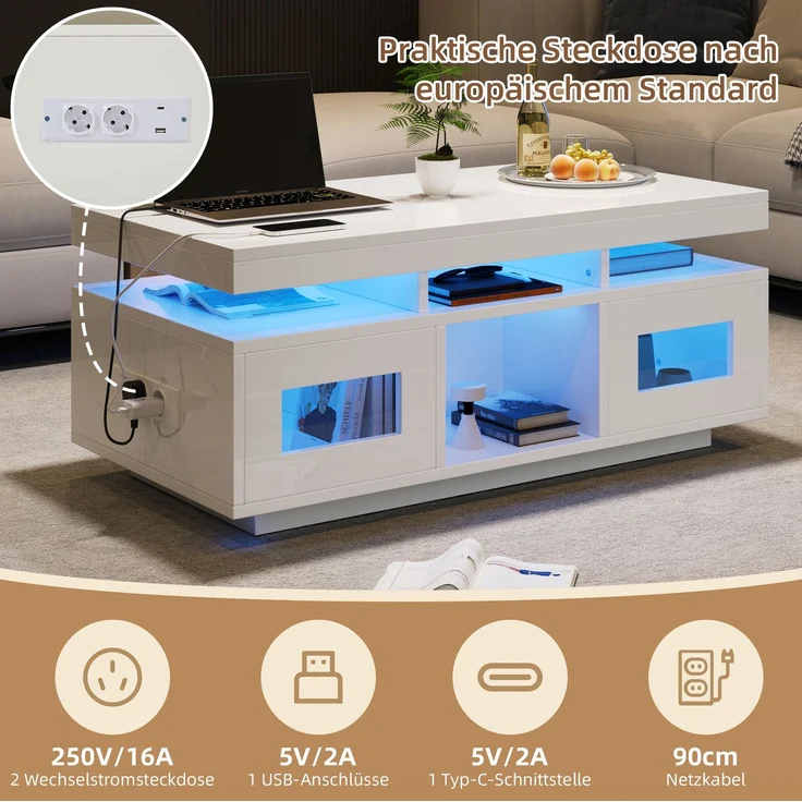 Couchtisch mit Hochglanzoberfläche, LED-Lichtstreifen & Stauraum, 100x50x43 cm, Weiß – Bild 8
