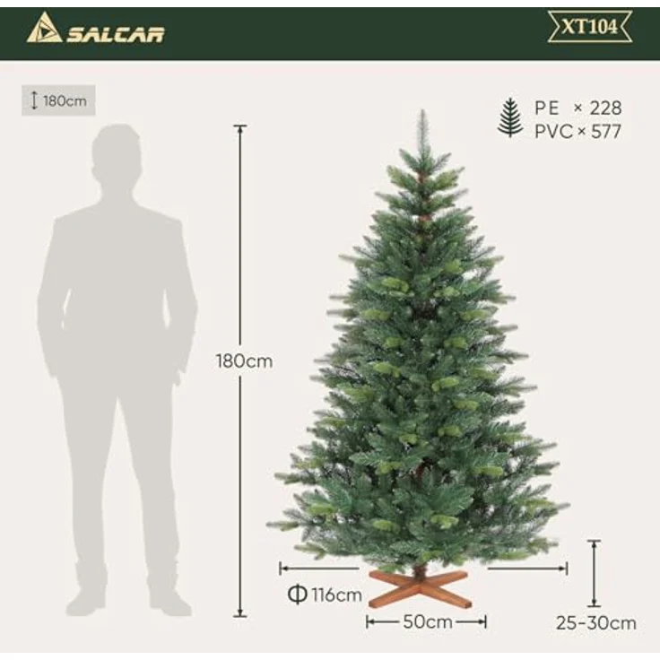 SALCAR 180cm Künstlicher Weihnachtsbaum Premium, Nordmanntanne mit Holzständer, Realistische PE+PVC Tannenbaum, Einfacher Aufbau für Ihre Weihnachtsdekoration – Bild 8