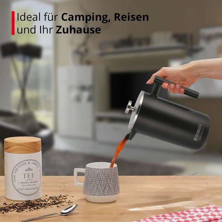Meisterkoch French Press Kaffeepresse Thermo-Kaffeebereiter aus Edelstahl in schwarz, 1 Liter, 5-7 Tassen, doppelwandig isoliert, rostfrei, nachhaltig, für Camping, Reisen und Zuhause – Bild 4