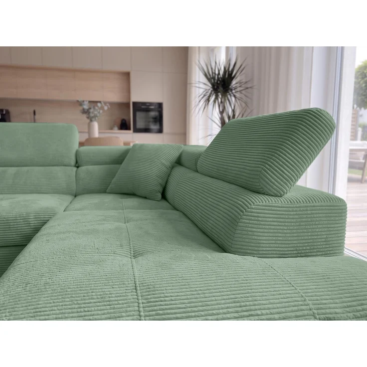 AX LIVING Konak Cord-Ecksofa R Salbeigrün 276 cm breit, Schlaffunktion, Bettkasten – Bild 5
