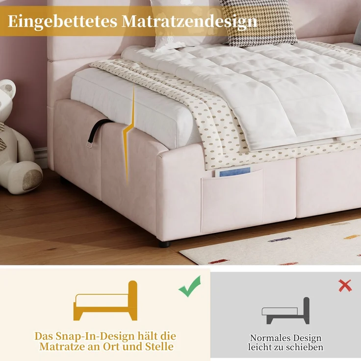 Polsterbett, Kinderbett,Einzelbett, Stauraumbett, Schlafsofa 90x200 cm, mit Lattenrost, USB-Ladegerät, Stautasche, Jugendbett und Erwachsenen-Kinderbett, Samt,rosa (ohne Matratze) – Bild 10