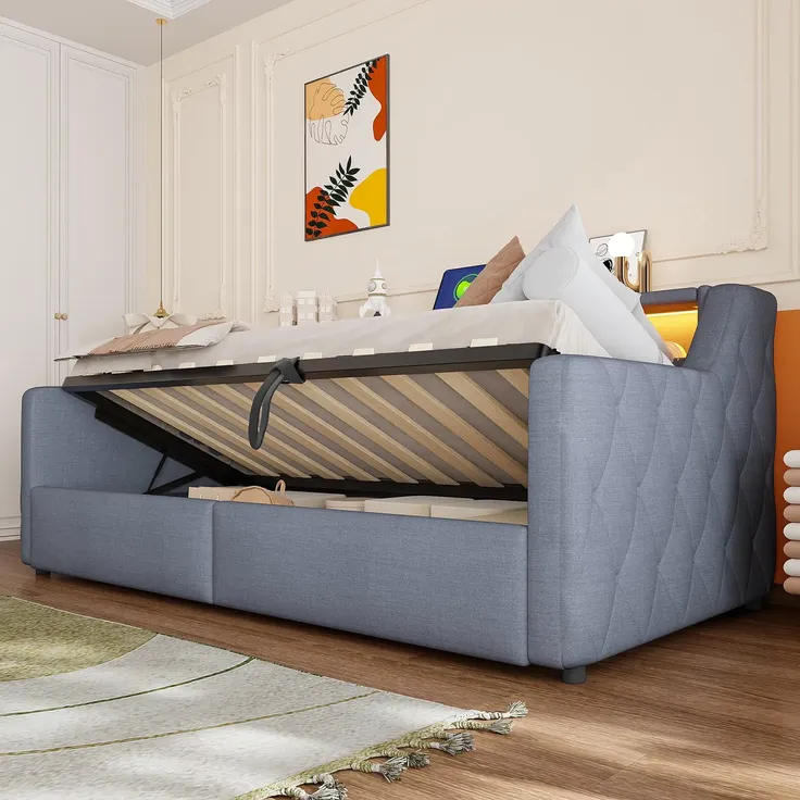 Schlafsofa mit LED-Beleuchtung und Aufbewahrung, Polsterbett mit Lattenrost, 90x200 cm, Einzelbett, Jugendbett, Leinen – Bild 2