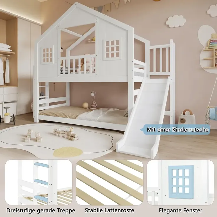 Etagenbett mit 2 Liegeflächen, Lattenrost, Rausfallschutz und Rutsche, 90x200cm, Hausbett, Spielbett, Kinderbett, Kiefer – Bild 4