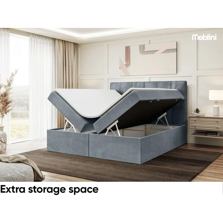 MEBLINI Boxspringbett KAI 140x200cm - H3/Grau Samt - mit Bettkasten - Gepolstert Doppelbett mit Matratze und Topper - Polsterbett mit Stauraum - Bett mit Kopfteil – Bild 5