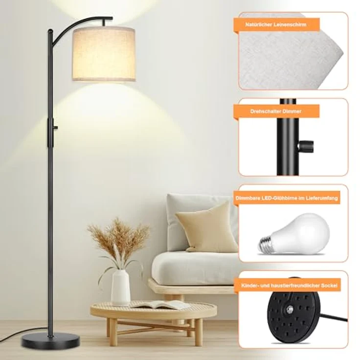 ROTTOGOON Dimmbare Stehleuchte Bogen Stehlampen für Wohnzimmer Stufenlos Dimmbare Moderne Stehlampe mit Leinenschirm Hohe Lampe für Schlafzimmer Büro Esszimmer- Schwarz – Bild 2