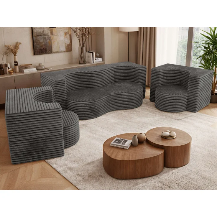 Polstermöbel-Set SANOA, Sofa mit 2 Sesseln, Schlaffunktion, Ausklappbares Sofa, 3-teiliges, Schaumstoffkern - Dunkelgrau Cord – Bild 4