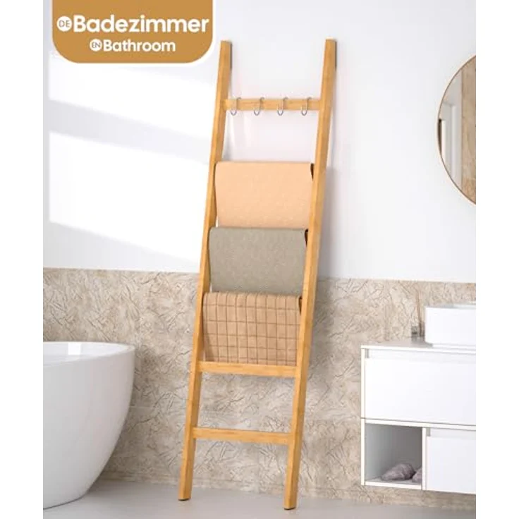 Yorbay Handtuchleiter Handtuchhalter Bambus, 6 Ebenen Leiterregal, 4 Haken und 2 Sicherheitsgurten, 43x170 cm, für Bad, Wohnzimmer – Bild 8