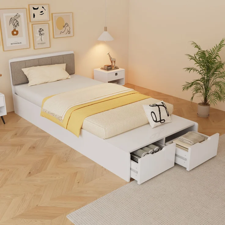 Holzbett 90×200 cm mit 2 Schubladen und gepolstertem Kopfteil, Weiß, ohne Matratze – Bild 10