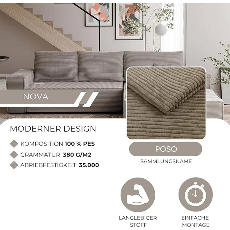 Ecksofa (Ausrichtung rechts) mit Schlaffunktion und Bettkasten, 294x185 cm, Kiefernholz & MDF, DL-Auszugsmechanismus, Kaffeefarben – Bild 4