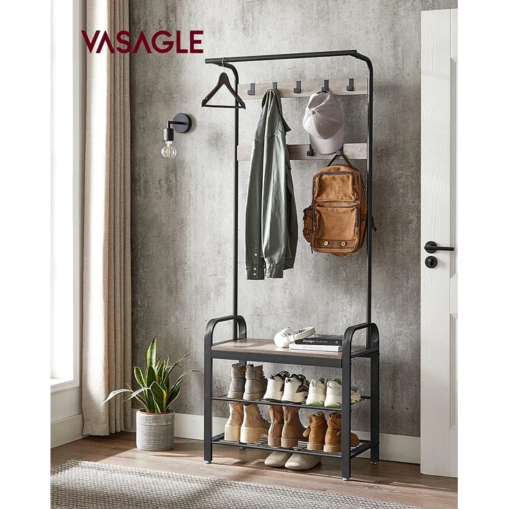 Vasagle Garderobenständer, Garderobe, Schuhregal mit Sitzfläche, Kleiderständer mit 9 abnehmbaren Haken, Sitzbank, 2 Gitterablagen, 183 cm hoch, Indus [HSR40 MB] – Bild 8
