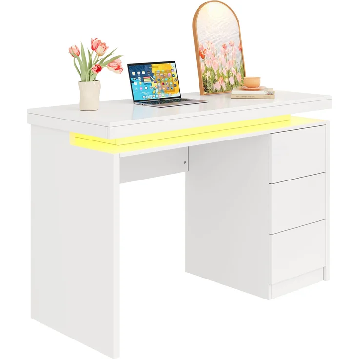 ZUBALIYA Moderner LED-Schreibtisch 120×50×78,5 cm – Computertisch mit drei Schubladen, verlängerter und verbreiterter Arbeitsfläche, verstärkten Beinen, einstellbarer LED-Beleuchtung, geeignet für Homeoffice – Bild 5