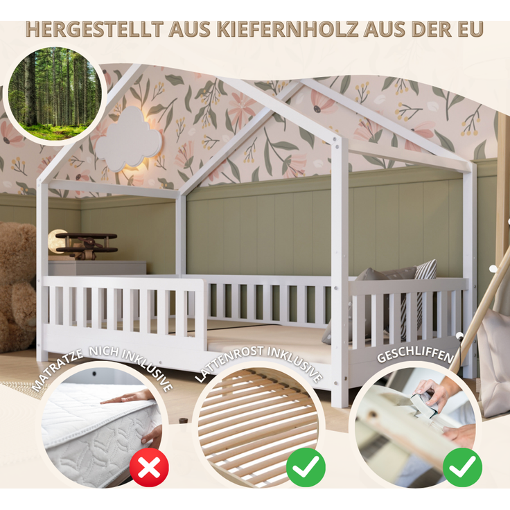 Crazy Pine 'Crazy House' Hausbett mit abnehmbaren Rausfallschutz, Naturholz, Weiß, 120x200 cm, mit Höhenverstellbaren Beinen – Bild 4