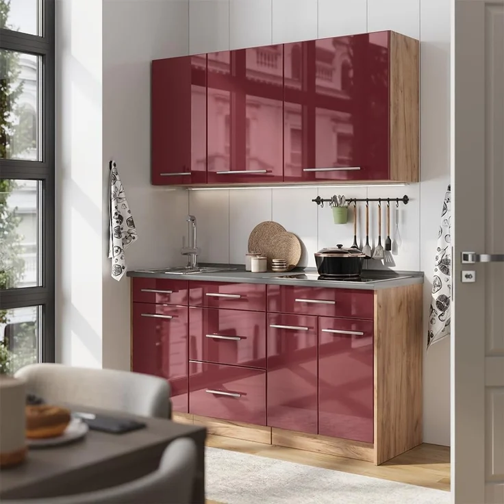 Singleküche Fame-Line Bordeaux Hochglanz/Goldkraft Eiche 150 cm, AP Eiche Vicco – Bild 2