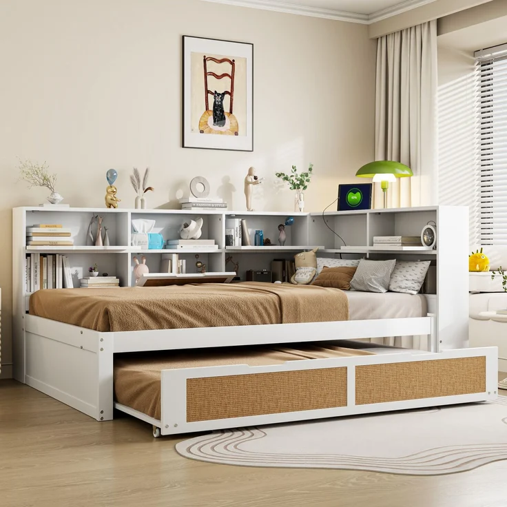 Multifunktionales Massivholz-Schlafsofa mit Ausziehbett 140x200 cm, Stauraum & USB-Anschlüssen, Gäste- & Tagesbett, Weiß – Bild 2