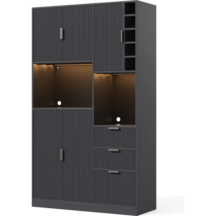 Merax 180cm Küchenschrank, moderner hoher Aufbewahrungs- und Weinschrank mit verstellbaren Einlegeböden, 3 Schubladen, Weinregal, farbwechselnder LED-Beleuchtung und Steckdosen – Bild 10