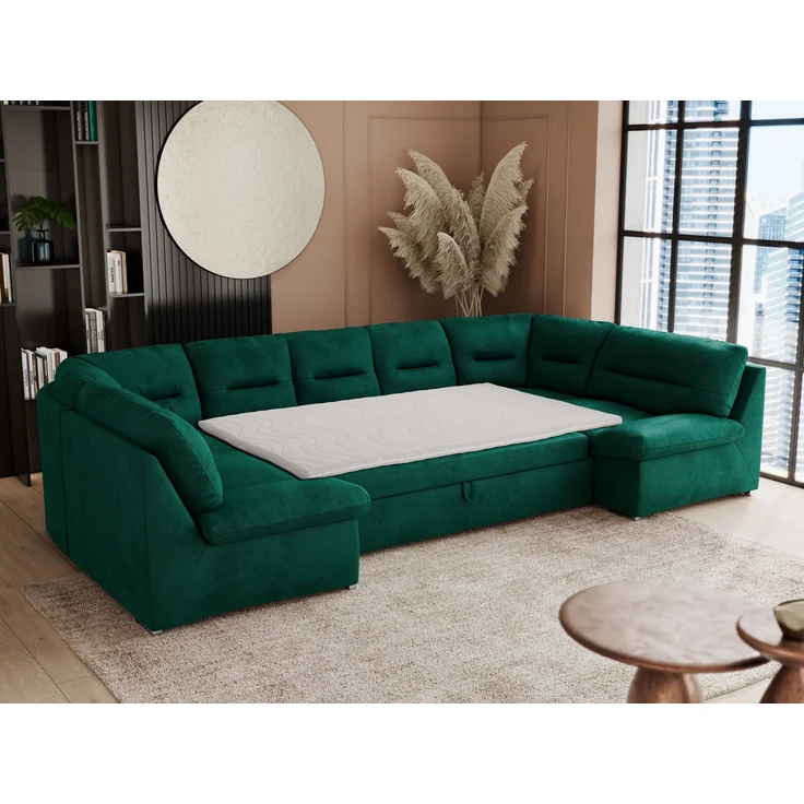 Ecksofa, Sofa big XXL, Wellenfedern, Wohnlandschaft XXL, mit Schlaffunktion - COMODO U - Dunkelgrün Velours - Topper T25 – Bild 3