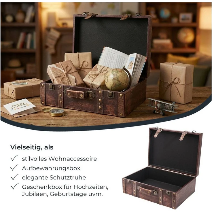 HMF Aufbewahrungsbox Handgefertigter Vintage Koffer aus Holz, Deko Koffer (1 St), Geschenkkoffer im Klassik Design, 44 x 32 x 16 cm – Bild 3