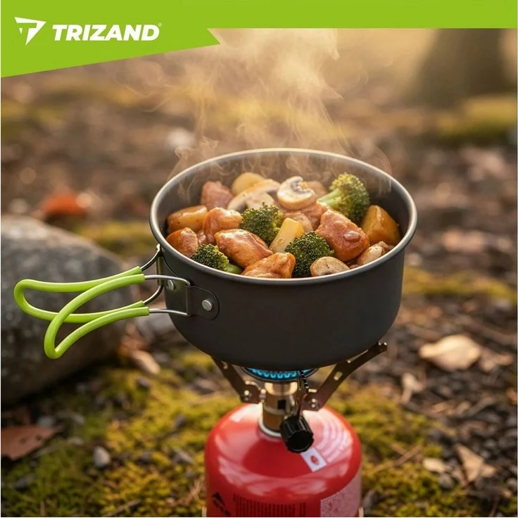 Trizand Geschirr-Set Camping Kochset 1,2L Aluminium faltbar Outdoor Trekking Geschirr (6-tlg), 2 Personen, Edelstahl, faltbare Griffe leichtes Aluminium kompakt mit Klappbesteck – Bild 4