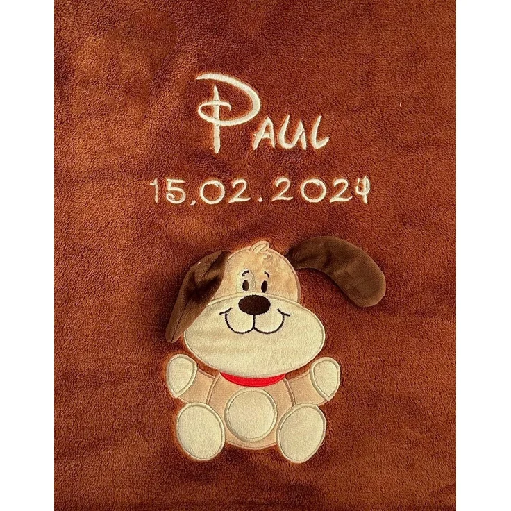 KIDDI-MEDIA Babydecke mit Name und Geburtsdatum Bestickt/kuschelig weich / 1A Qualität (Braun - Hund)