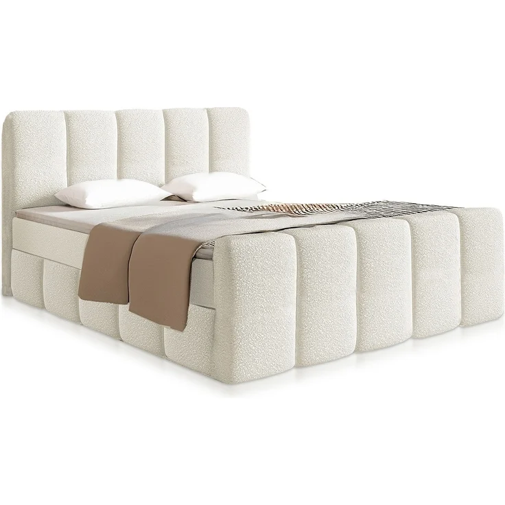 Juskys Boxspringbett Manitoba - Bouclé-Stoff, Gepolstertes Kopfteil mit Steppung & Stabile Konstruktion, Topper inklusive - Creme – Bild 1