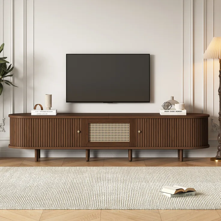 TV-Schrank MDF Rattan-Design mit Schublade & Schiebetüren 180x40x40 cm Nussbaum dunkel
