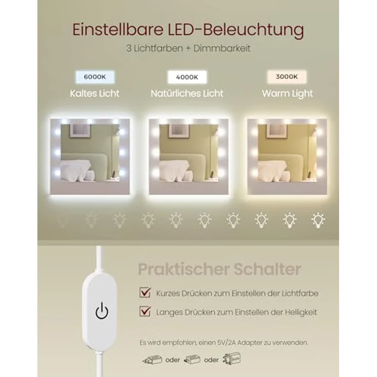 VASAGLE Kailyn Kollektion - Schminktisch mit Spiegel und LED-Leuchten, Steckdosenleiste, 9 Schubladen, 9 dimmbare Glühbirnen, 3 Lichtfarben, werkzeuglose Gleitschienen, wolkenweiß RDT141WB02 – Bild 6
