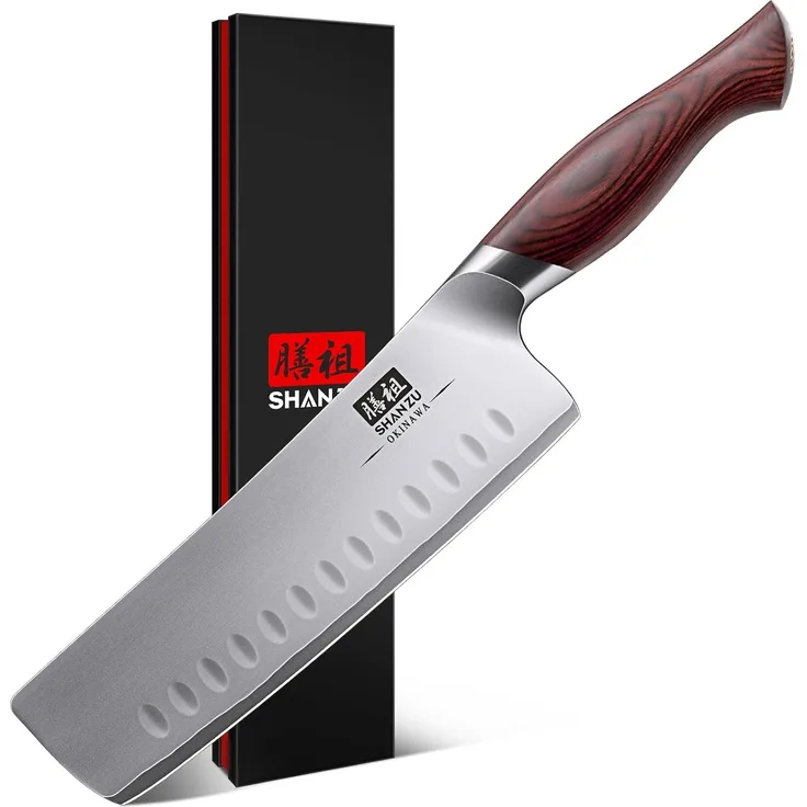 SHAN ZU Nakiri Messer 18cm, Japanisches Hackmesser für Fleisch & Gemüse, Küchenmesser mit Scharfer Klinge aus 10Cr15Mov Kohlenstoffstahl und Ergonomischem Pakkaholz Griff – OKINAWA-Serie