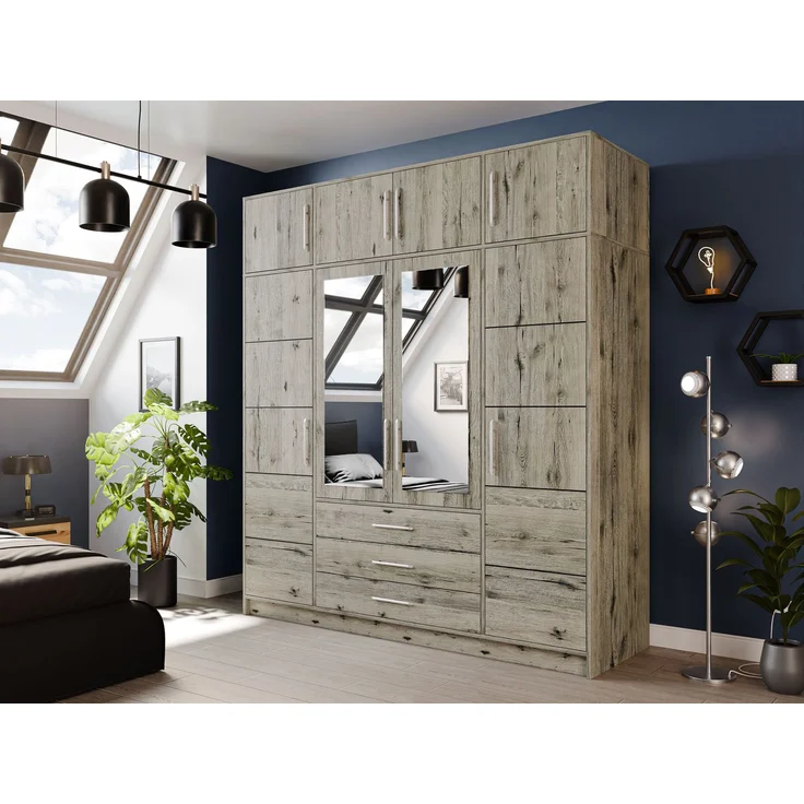 Mirjan24 'Bado 4D' Kleiderschrank mit Schubladen und Spiegel, Laminatplatte Wellington Eiche, 245 x 58 x 196 cm – Bild 2