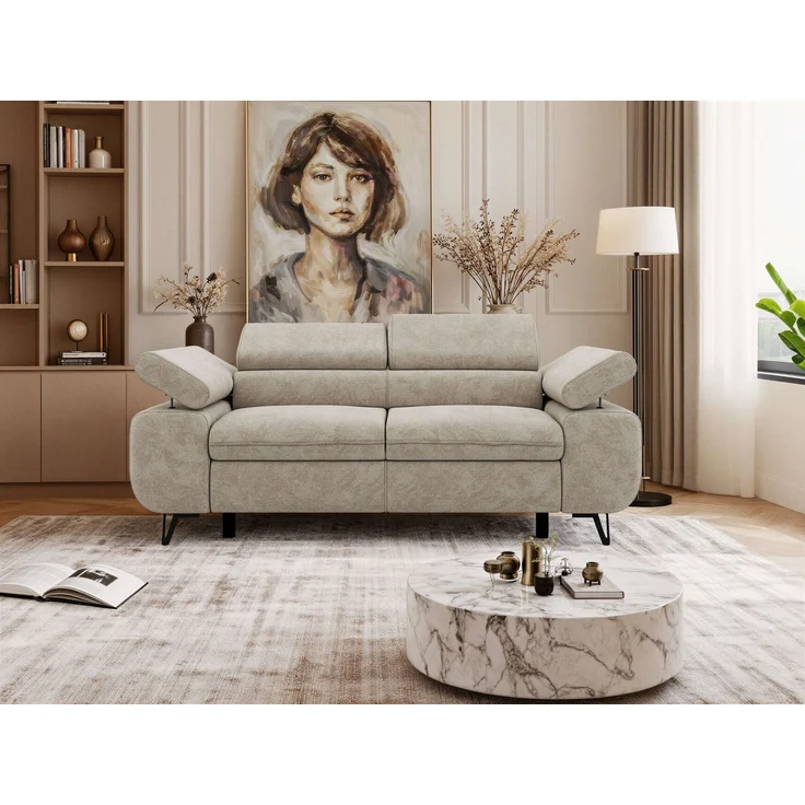 2-Sitzer Polstercouch PETER mit verstellbaren Armlehnen und Kopfstütze, Gepolsterte Couch, Wellenfeder - Beige Struktur – Bild 4