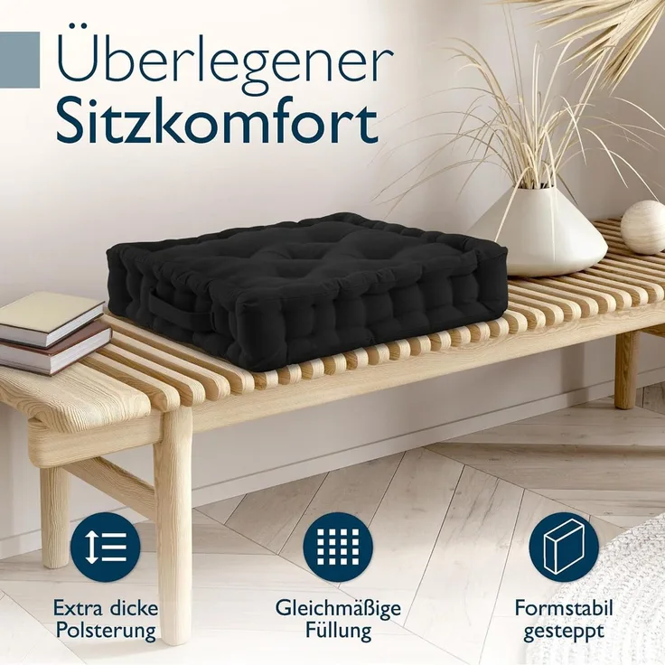 Beautissu Stuhlkissen 4er Set Bodenkissen Sitzkissen Mila, 50x50cm, Schwarz, Matratzenkissen 10cm, 100% Baumwolle Stuhlkissen Indoor & Outdoor