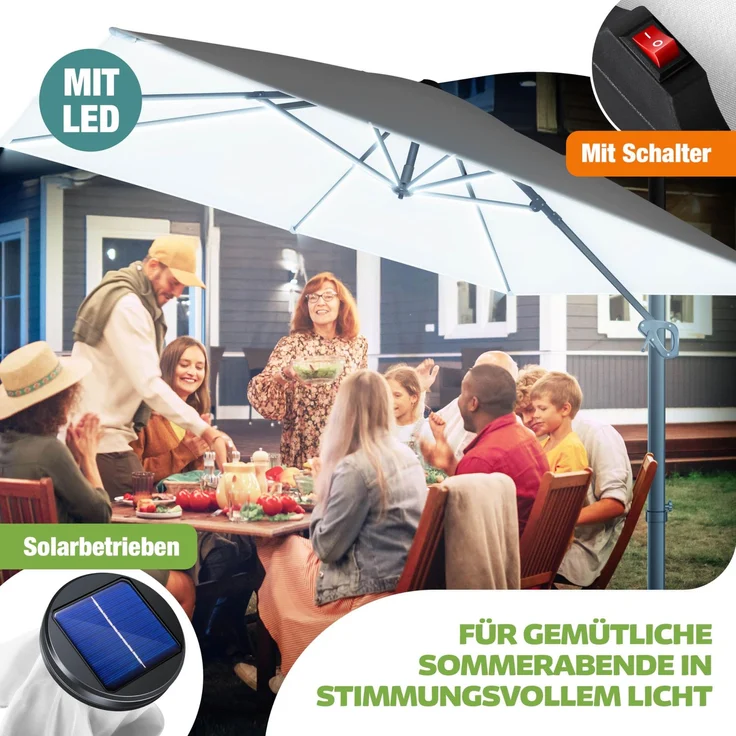 KESSER® Sonnenschirm Ampelschirm SUN XL 300 x 300 cm Inkl. Abdeckung +Windsicherung Drehbar Neigbar Kippbar Marktschirm Groß 360° Rotation, Gartenschirm mit Kurbel Sonnenschutz UV50+ Weiß, Mit LED – Bild 8