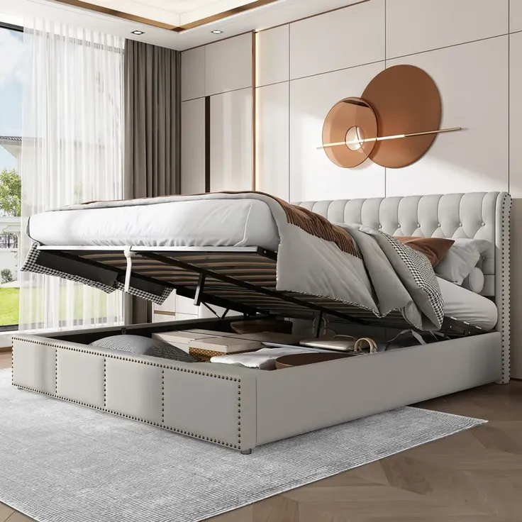 Stauraumbett Doppelbett mit Lattenrost und Bettkasten, 180x200 cm, gepolsterter Kopfteil, Leinen