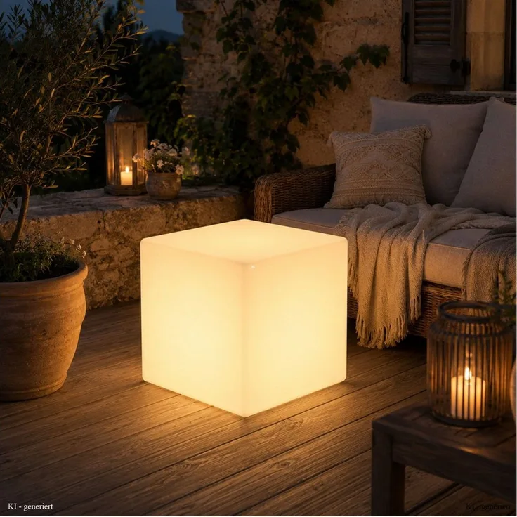 SATISFIRE LED Würfel LED Leuchtwürfel Cube 50x50cm E27 warmweiß outdoor Beistelltisch, LED Classic, warmweiß (2100K bis 3000K)