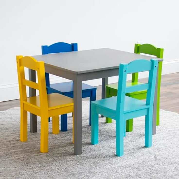 Humble Crew bunter Holztisch für Kinder, Grau/Blau/Grün/Gelb! Mit 4 Stühlen, ideal für Kinderzimmer. Jetzt fröhlichen Spielspaß schaffen! Kaufen – Bild 5