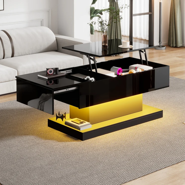 Couchtisch, mit hydraulischem Höhenverstell-System, Stauraum & LED-Beleuchtung, 100x50x45 cm, Schwarz – Bild 4