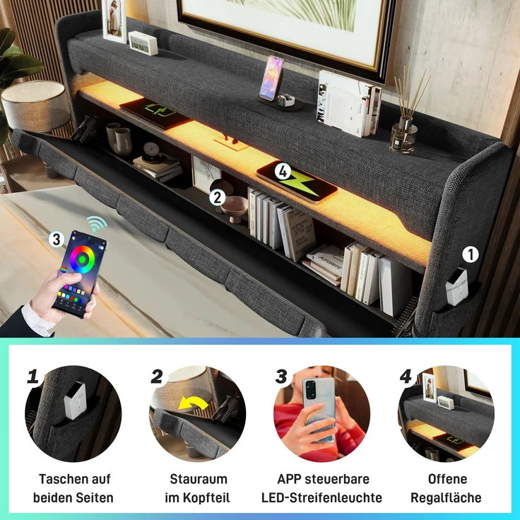 Polsterbett Einzelbett Leinen, mit 360° Musik-LED & 4-fach Ladestation inkl. Matratze, 90x200 cm, Grau – Bild 9