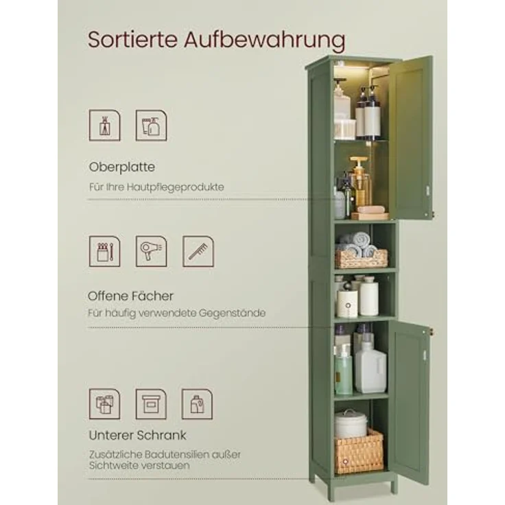 VASAGLE Badezimmerschrank mit Beleuchtung, hoch, schlanker Badschrank, Aufbewahrungsschrank mit verstellbaren Ablagen, für kleine Räume, modern, 40 cm breit, waldgrün BBC766CH03 – Bild 4