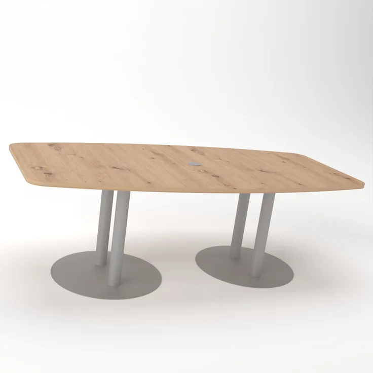 Rheinland Möbel Konferenztisch KONTI 220x103 cm – ovaler Besprechungstisch in Asteiche mit silbernen Säulenfüßen & Kabelauslass, Meetingtisch für 6–8 Personen, moderner XXL-Tisch fürs Büro & Besprechungsraum