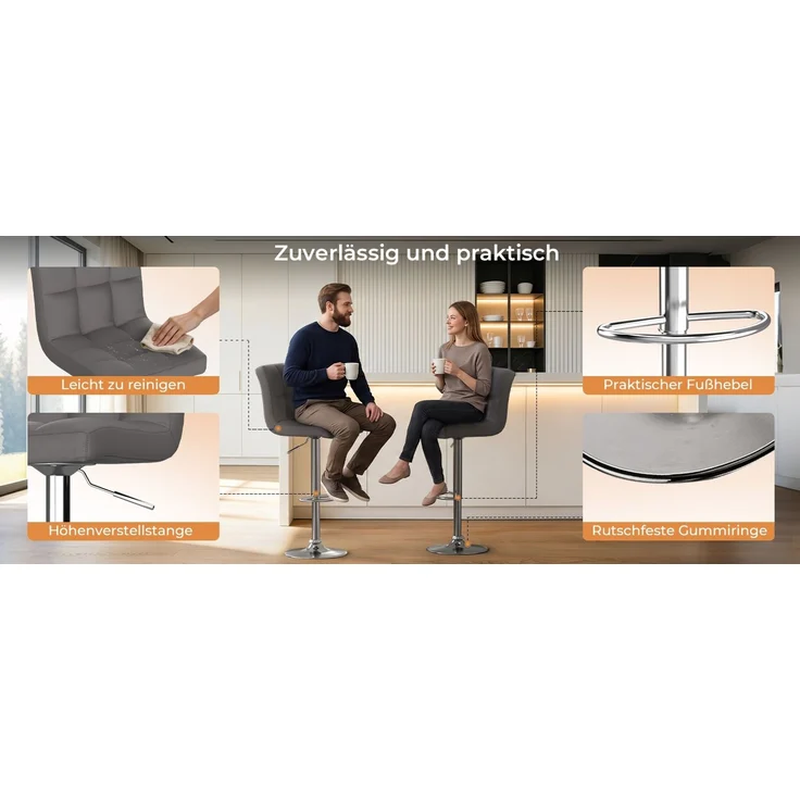 Botifly 2er Set Barhocker Grau Kunstleder, Höhenverstellbar 60-80cm, 360° Drehbar mit Fußstütze, SGS Zertifiziert für Küche, Bar & Theke – Bild 10