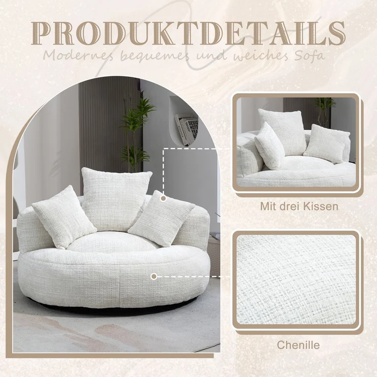 Lazy Sofa Durable Komfort Lounger hohen Rücken Sitzsack Stuhl Couch mit drei Kissen für Erwachsene und Kinder, Indoor & Outdoor, Single Gaming Sofa Stuhl für Schlafzimmer, Büro (Beige Chenille)--Beige--108x108x52cm--YOUDENOVA – Bild 2