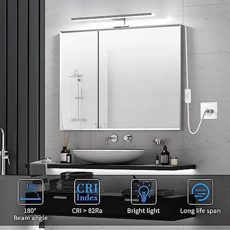 Aourow LED Spiegelleuchte Bad 10W,40CM 820LM Spiegelleuchte mit Schalter und Stecker,Kaltes Weiß 6500K Spiegellampe Badezimmer IP44 Wasserdicht 230V Badlampe Spiegel für Spiegelschrank KLASSE II – Bild 4