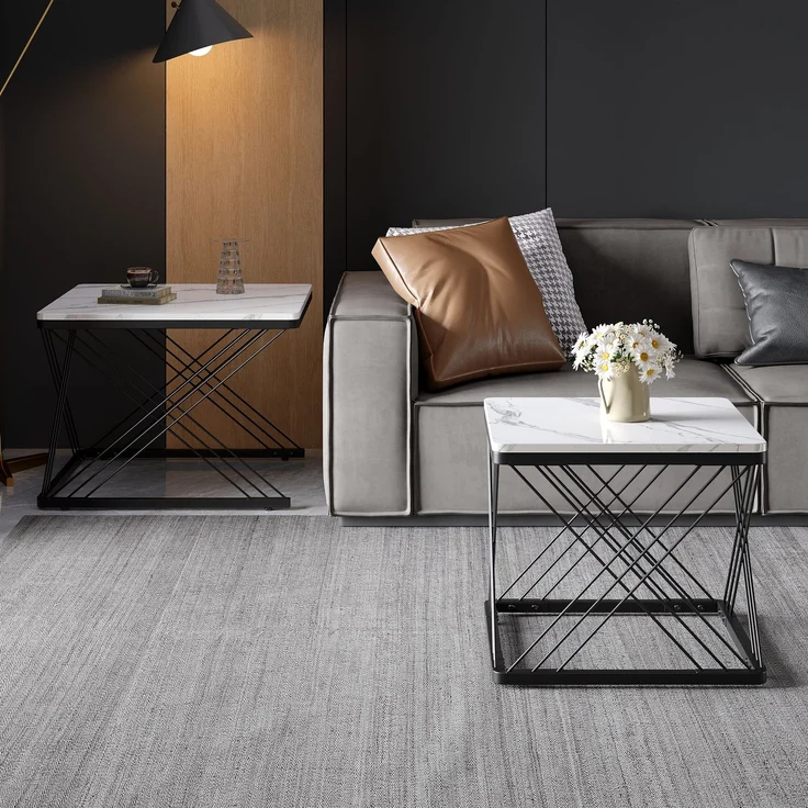 2-teiliges Couchtisch-Set in Weiß mit hochglänzender Marmoroptik, quadratische Beistelltische aus MDF mit höhenverstellbaren Füßen – Bild 6