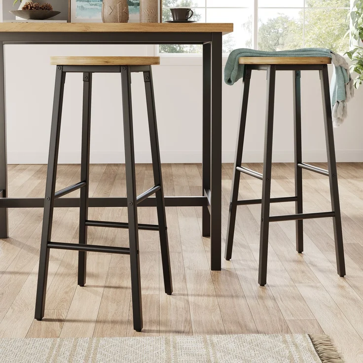 2-Set Barhocker mit Holzoptik-Sitz, 70cm, belastbar bis 150kg pro Hocker, mit zwei Fußstützen & verstellbaren Füßen, schwarzer Metallrahmen--Schwarz--30x30x70cm--YOUDENOVA – Bild 4