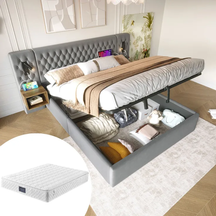 (=ABMA260234G)Bettanlage Schlafzimmer Komplett Set,Polsterbett Hydraulisch Stauraumbett Doppelbett 160×200 cm mit 2 Nachttischen, Kopfteil Leselicht mit USB Ladefunktion, Grau, Samt(Mit Matratze)--Grau--213x247x105cm--YOUDENOVA