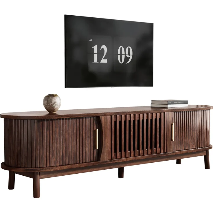 Merax 165cm brauner Lowboard-TV-Schrank, flacher brauner TV-Schrank mit Schiebetür, mit nach unten klappbarer Hohlschranktür, passend für TV-Ständer bis zu 65 Zoll, mit Stützbeinen – Bild 3