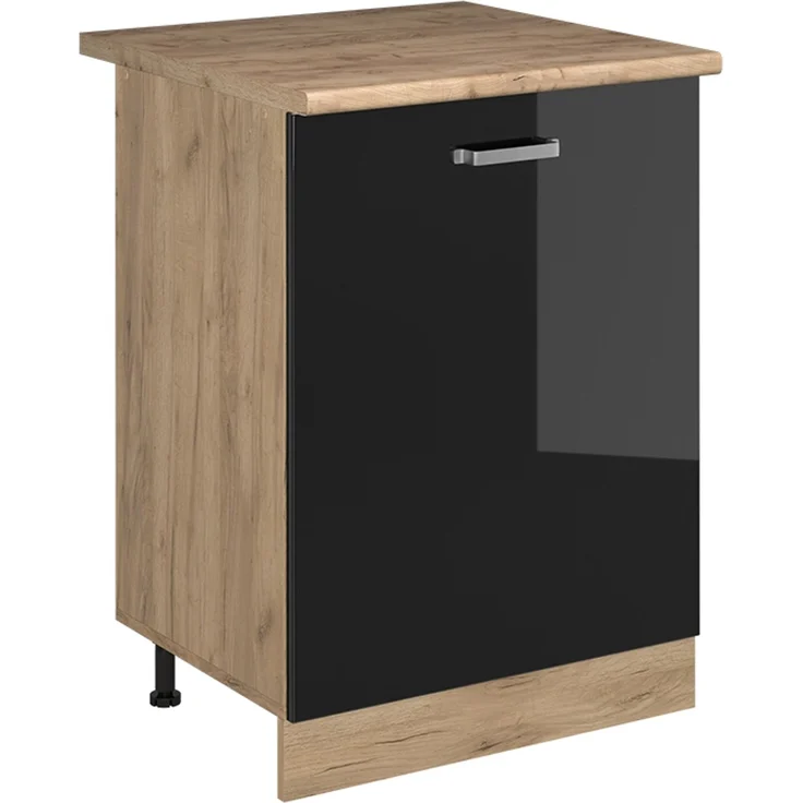 Küchenunterschrank R-Line Schwarz Hochglanz/Goldkraft Eiche 60 cm mit 1 Tür Arbeitsplatte Goldkraft Eiche Vicco – Bild 1