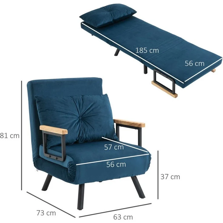 HOMCOM Schlafsessel 4 in 1 Sessel mit Schlaffunktion, 183x63 cm Klappbar Schlafsessel mit 5-stufig Verstellbarer Rückenlehne, Lendenkissen und Samtoptik für Wohnzimmer, Blau – Bild 2