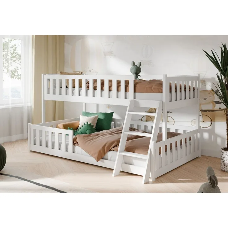 Kids Collective Etagenbett Hochbett Kinderbett 90x200/120x200 cm Rausfallschutz & Lattenrost, Mit Leiter, massives Kiefernholz, Weiß